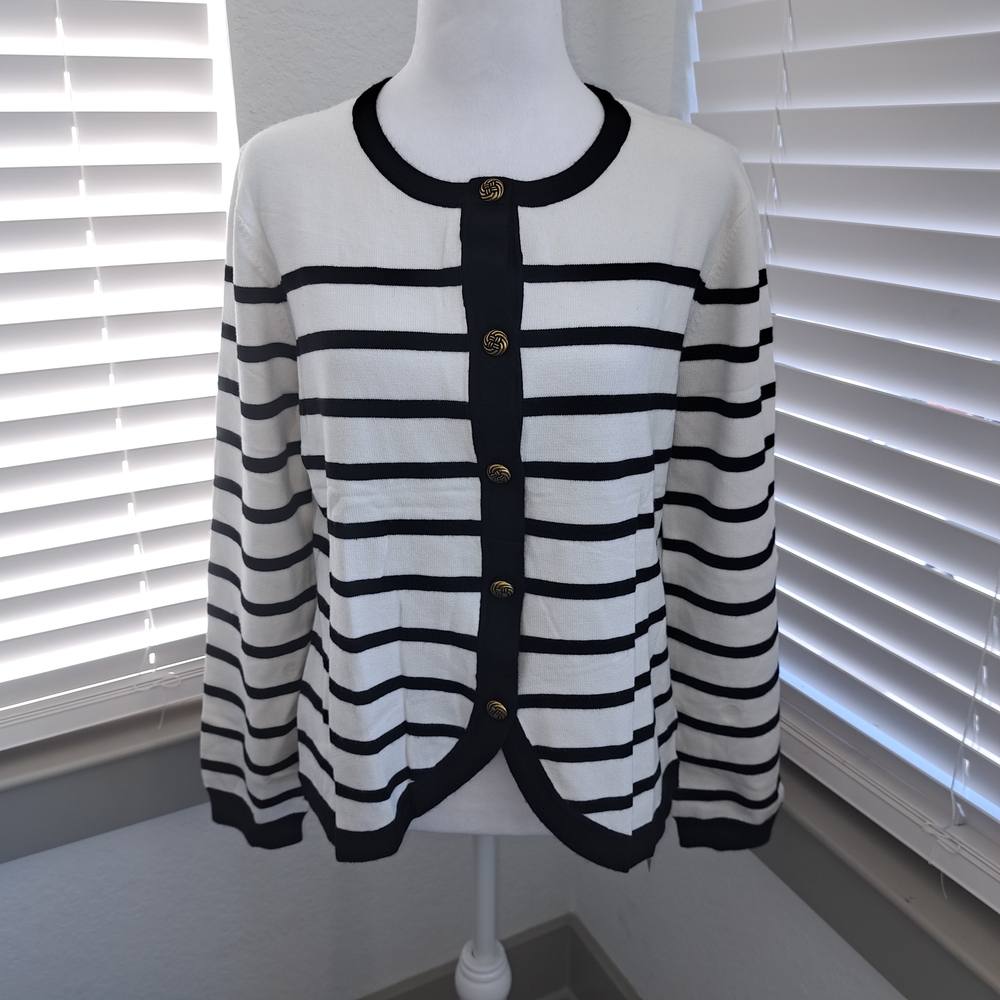 Elegant Black and White Striped Cardigan
